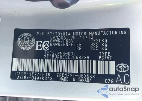 2014 Toyota Corolla Le z USA, uszkodzony, nr VIN 2T1BURHE5EC068339